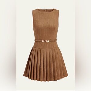 Commense Brown Pleated Midi Dress